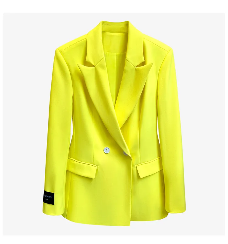 New design womens Spring autumn fashion neon yellow color medium long slim waist blazer suit coat plus size casacos SML