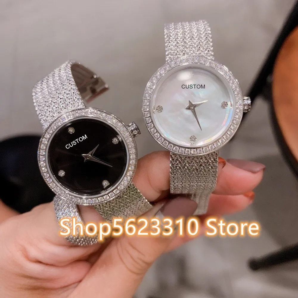 Klasyczna marka Crystal Quartz Wristwatch 4 Diament Zegarek Ze Stali Nierdzewnej Znak Logo Logo Matka Pearl Shell Dial Clock