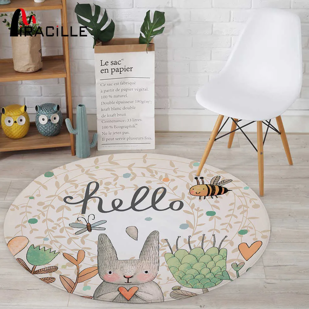 Miracille Cartoon Rabbit Printed Round Carpet För Vardagsrum Datorstolar Område Rug Barn Spela Tält Golv Mat Cloakroom 210626