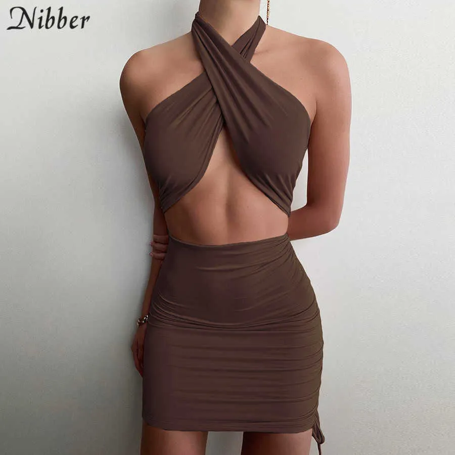 Nibber Halter Solid Plised Mini Sukienka Kobiety Summer Hot Sexy Party Clubwear Sznurek Little Cleavage Bodycon Backless Spódnica Y0726