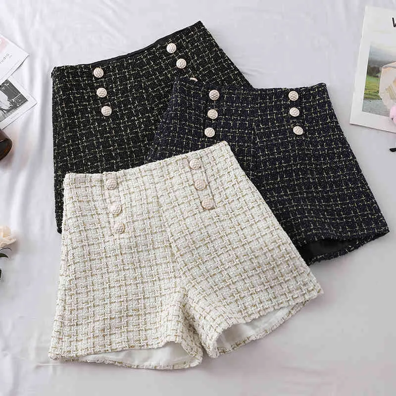 Plaid Shorts Frauen Draußen Herbst Feder Doppelbrust Geflochtene Hohe Taille Wide Beine Schwarz Weiß Kausal Damen 210428