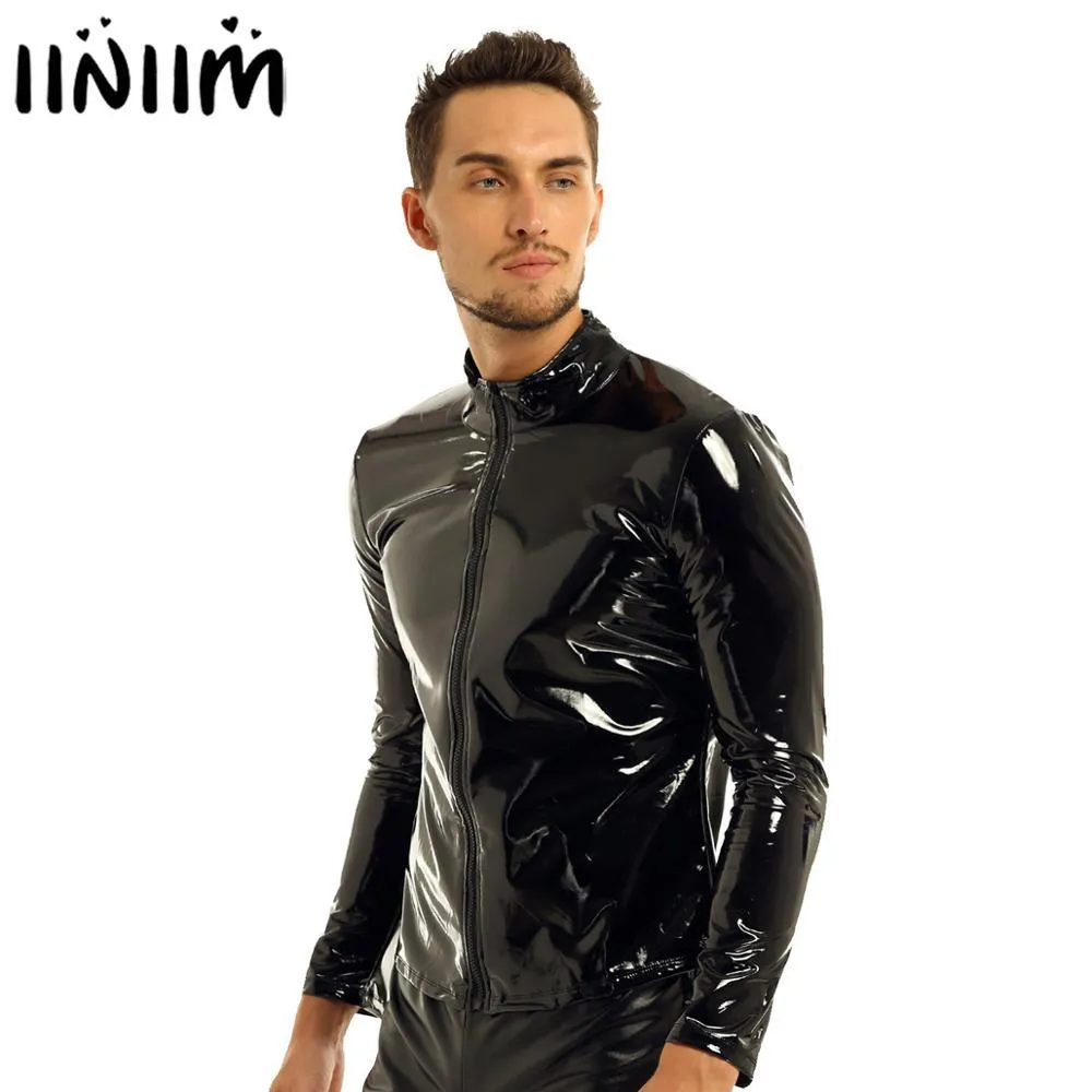 iiniim Men Shiny Metallic Long Sleeve Front-Zip Stand Collar Tops Wet Look Patent Leather Night Clubwear Shirt Top Performance 210410