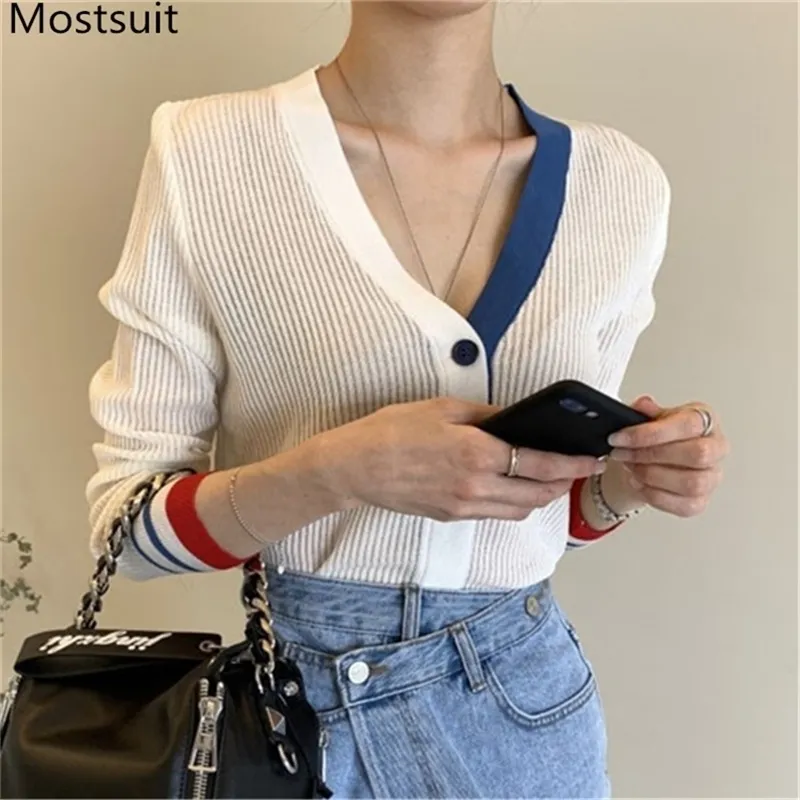 Kobiety Wiosna Letnie Dzianiny Topy Moda V Neck Sweter Z Długim Rękawem Cardigan Krótki Płaszcz Panie Paski Cienkie 210513