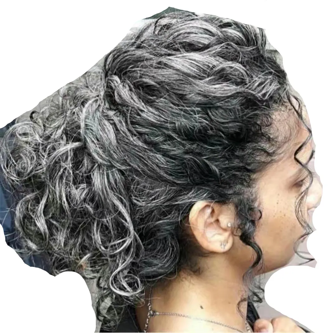 Personalizzato bicolore misto capelli umani grigio argento coda di cavallo parrucchino Clip in colore grigio ricci crespi afro coda di cavallo estensioni all'ingrosso