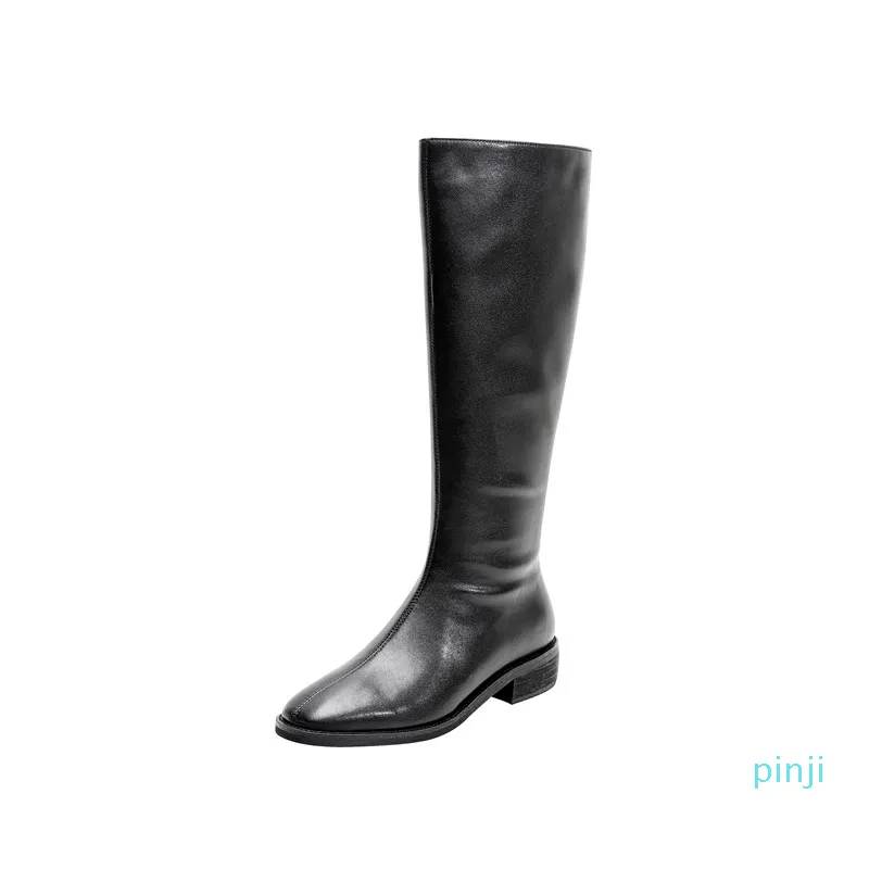 Botas 2021 Zapatos de cuero genuino Mujeres Rodilla Alto Colores sólidos Cremallera Tacones bajos Moda Montar Mujer1