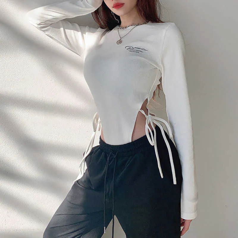 High Waist White Lace Up Bodysuit With Ribbed Fabric And Long Sleeves For  Women Autumn Sweet Slims Body Suit 210709 From Cong02, $14.27