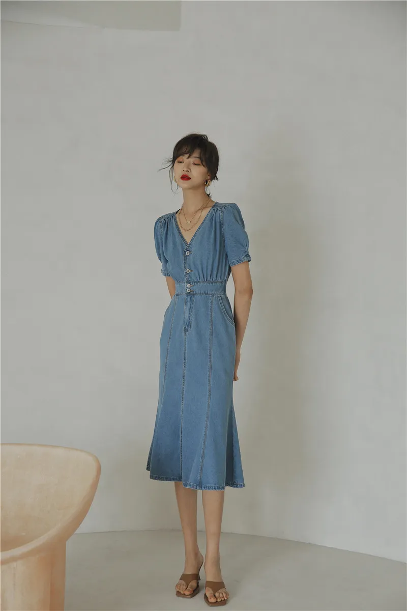 Blue Denim Mermaid Denim pinafore dress with Puff Sleeves and V-Neck for Women - Short A-Line Midi Style Summer Tunic (210427)
