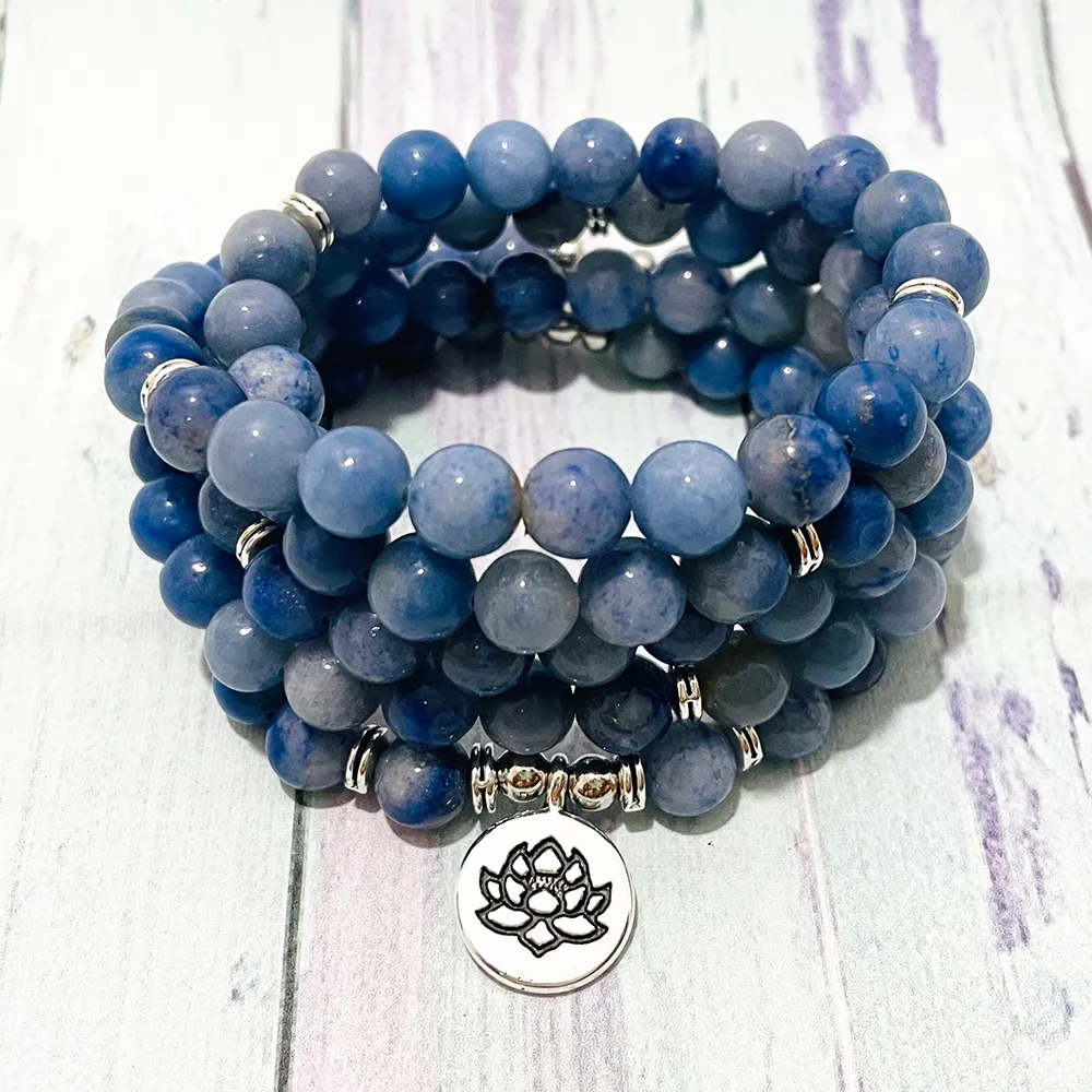 SN1395 Nouveau Design 8 mm Bleu Aventurine 108 Mala Bracelet Femmes Lotus Yoga Mala Collier Méditation Naturelle Japa Mantra Perles