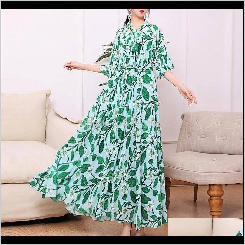 2020 new arrivals women`s short sleeve self tie vibrant floral print long maxi dress plus size holiday beach party sundress