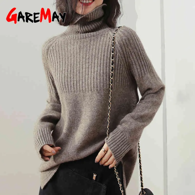 Kobiety Turtleneck Kobiet Swetry Dorywczo Swetry Solidna Z Długim Rękawem Koreański Top Winter Zwymiarowy sweter Harajuku Beige 210428