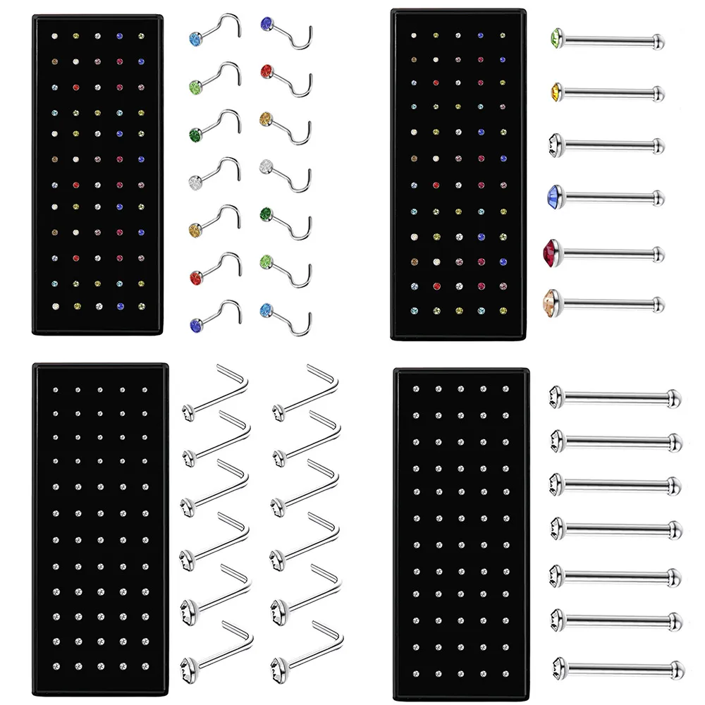 60 PCS Boxed L-Shape Nose Stud Set Avec Crystal Body Piercing Gun Kit Faux Nez Anneau En Acier Inoxydable Aiguille Hoop Pack Bijoux