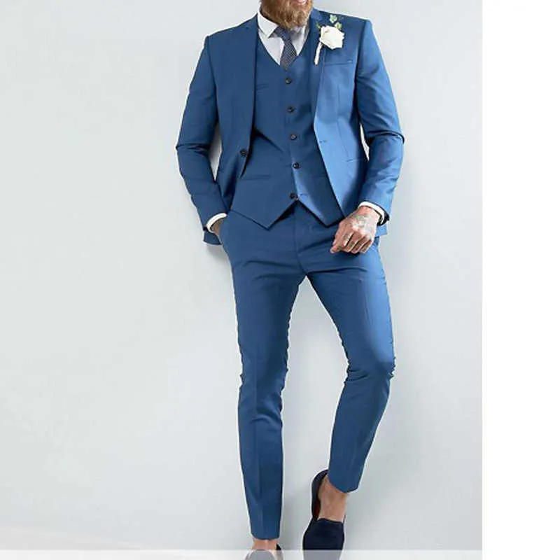 Blauwe slim fit bruidegom smoking voor bruiloft 3-delige formele mannen pakken met gekerfde revers custom man fashion jas gilet met pant x0909