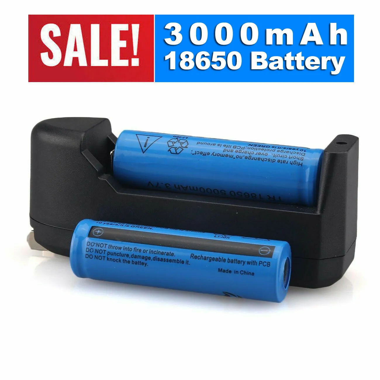 Nuova batteria ricaricabile 2x 18650 3000mAh 3.7v BRC agli ioni di litio per torcia elettrica + caricatore intelligente universale