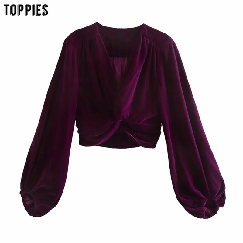 Vintage Violet Rouge Velours Blouses Tops Femme Lanterne Manches Noeud Chemises Élégantes Dames Vêtements De Mode 210421