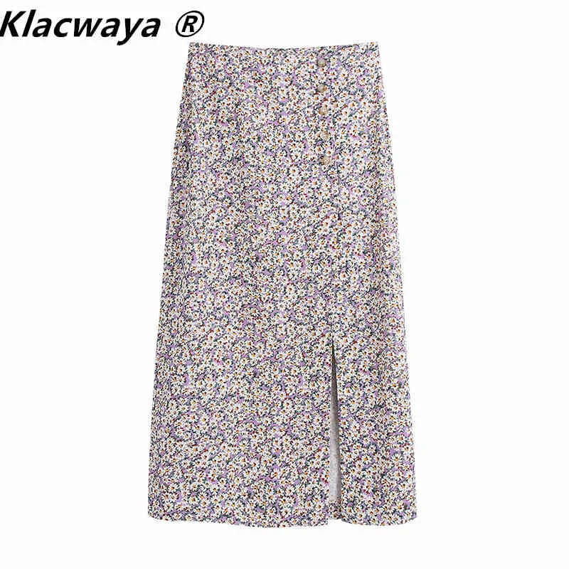 Kobiety Chic Moda Z Przyciskami Kwiatowy Drukuj Midi Spódnica Vintage High Waist Vents Hem Kobiece Spódnice Mujer 210521