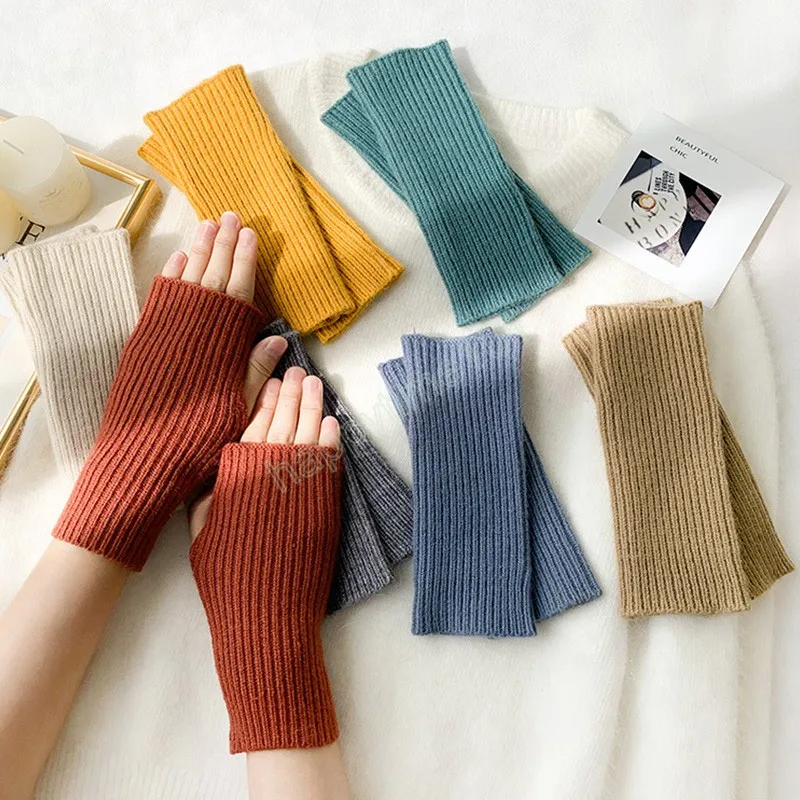 Winter Autumn Women Men Warm Fingerless Knitted Wool Gloves Solid Color Stretch Mittens Exposed Finger Short Cashmere Gloves