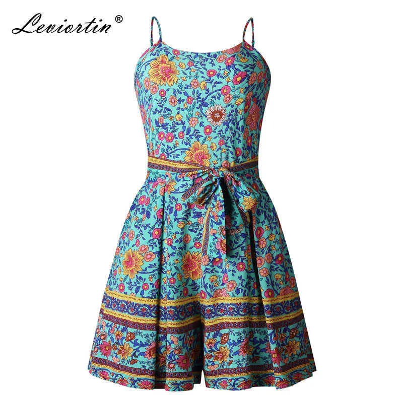 Leviortin Designer Jumpsuit High Quality Women Floral Romper With Belt Bohemian Strapless Boho Flower Print Beach Playsuit 210527