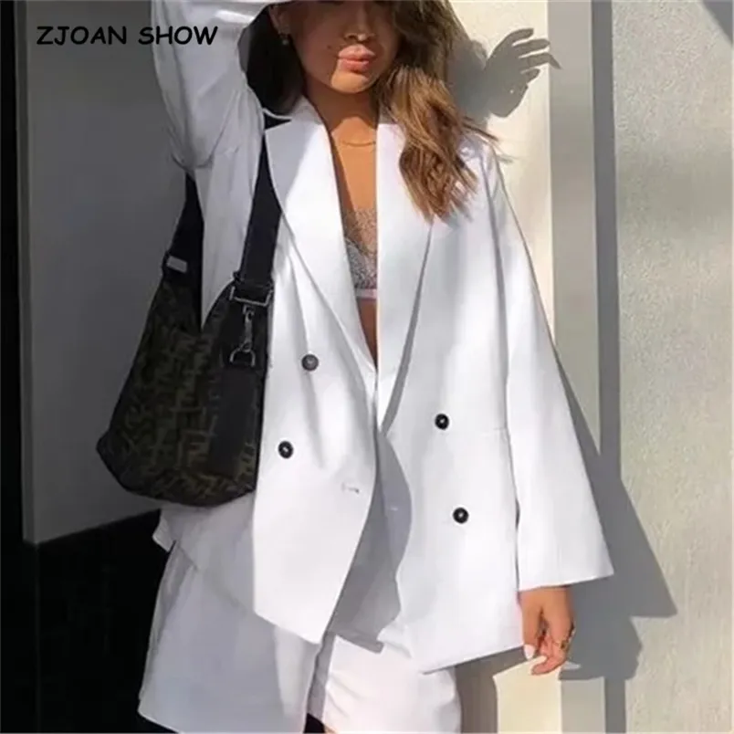 Autunno Stile libero Bottoni doppiopetto Blazer bianco Fidanzato amico Cappotto vintage da donna medio lungo Moda Femme 210429