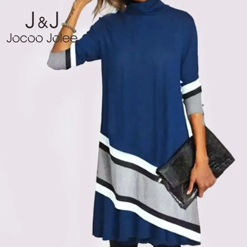 Jocoo Jolee女性ビンテージプリント緩いドレッシング春春の長袖タートルネック暖かいミッドドレスプラスサイズ5xl Aラインドレス210518