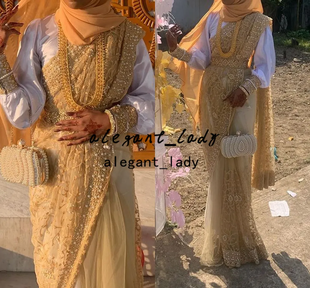 Champagne Gold Muslim Indian Wedding Dresses 2022 Luxury Sparkly Beaded Lace Hijab Kaftan Caftan Marocain Long Sleeve Bridal Gown