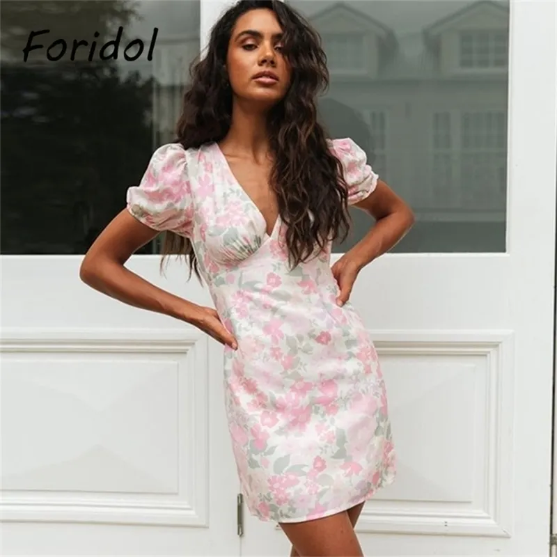 Foridol élégant imprimé fleuri robe Boho plage robe d'été fleur femmes Famale courte Mini robe d'été mode Vestidos De Mujer 210415
