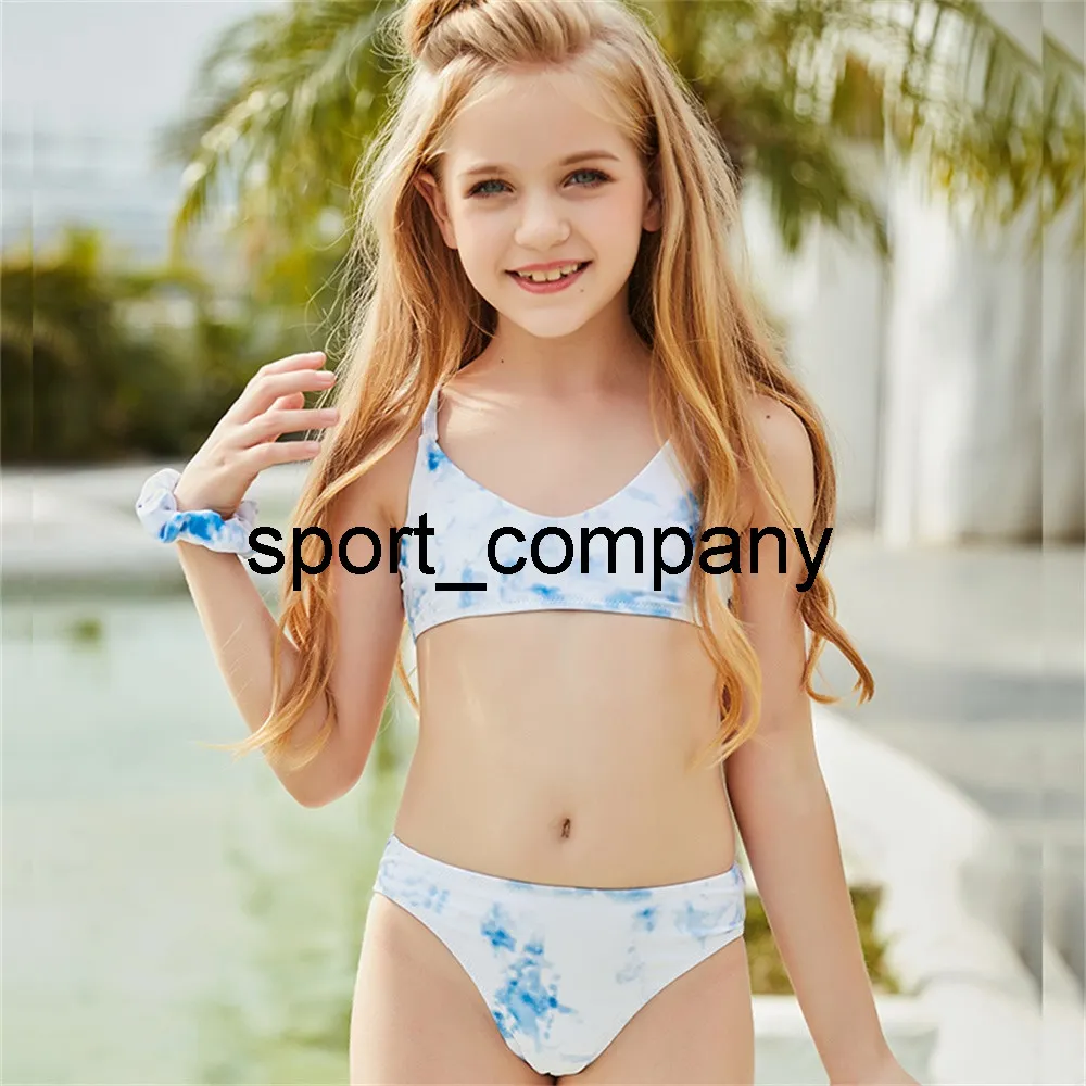 Blue Gravata Tintura 5-14 Anos Menina Swimsuit Crianças Adolescente Adolescente Biquini Grupo Dois Peça Crianças Swimwear Criança Terno Banheira