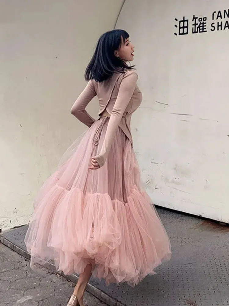 Vintage Pink Pleated Long Tulle Skirt Tutu Femme High Waisted
