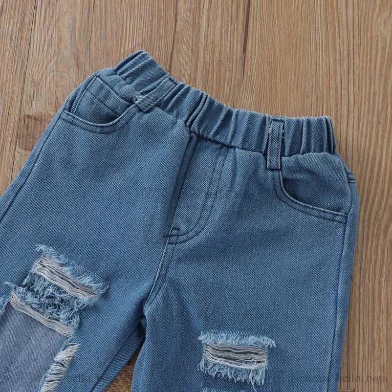 Kids Clothing Sets Girls Outfits Baby Clothes Children Suits Summer Children`s Wear Lace Tops Hole Denim Trousers B7597