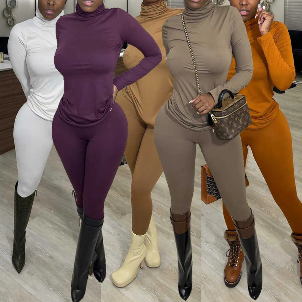 Sólido Fitness Co-ord Set Mulheres Outono Sexy Turtleneck Manga Longa Camiseta + Skinny Legging Streetwear Duas Peças Outfit Club Party Y0625