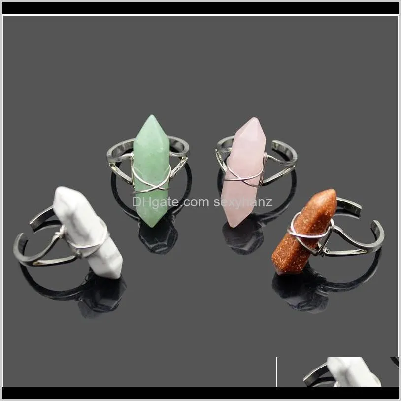 wire wrapped resizable hexagon column natural stone rings pink crystal finger rings for women party jewelry fashion fin qylvvi