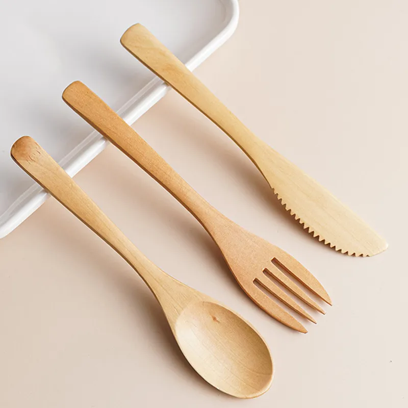 3 / Piece Set Träsked gaffelkniv Miljövänlig Trä Soppa Skedar Tårta Knivar Västra Tortering Kök Restaurang Tillbehör BH5029 WLY