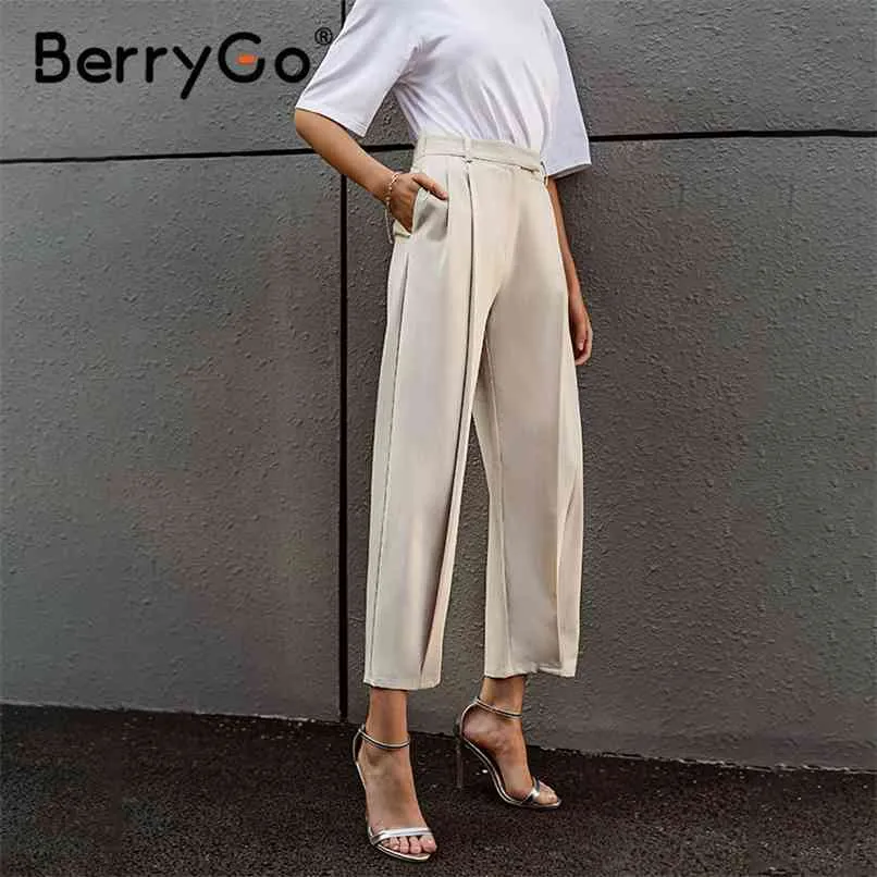 Berrygo Drape Свободные прямые капризы штаны с высокой талией тонкий офис женские брюки досуг повседневная абрикос летом женщины 210915