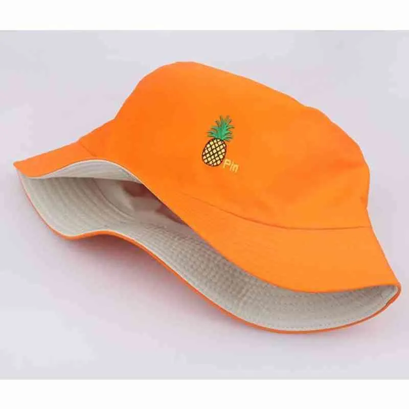 Cute Women's Tropical Fruit Bucket Hat Embroidery Pineapple Fishing Hat Orange Black Pink G220311