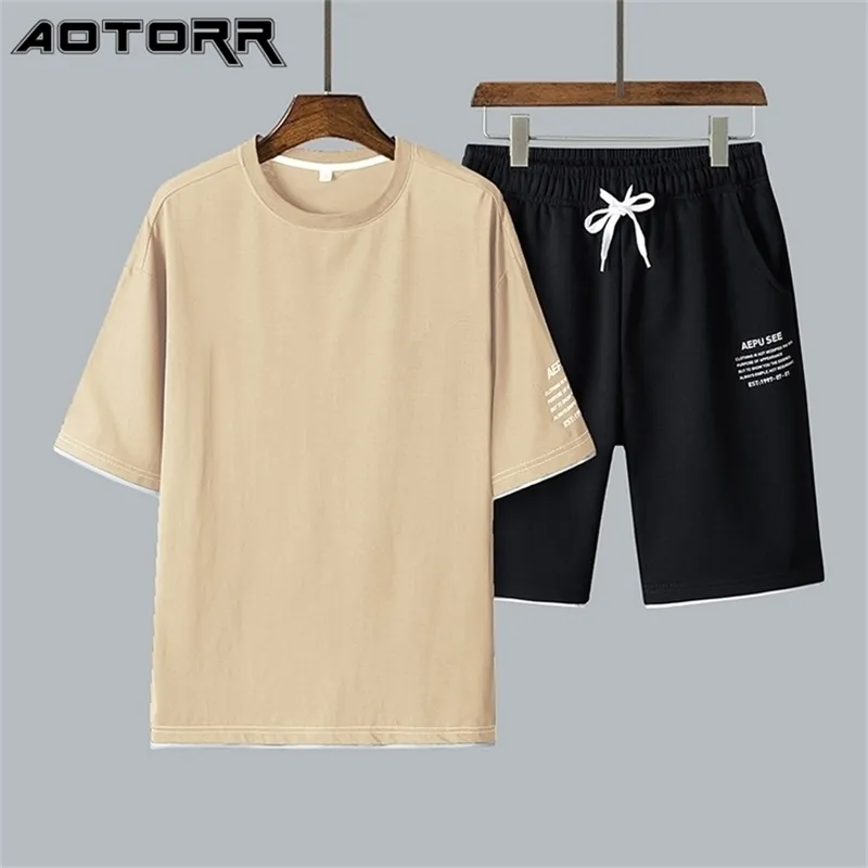 Casual Mens Summer Set Solid Couleur Couleur Tracksuit T-shirt + Shorts 2 pièces Fashion Mode Courte Sportswear costume Hommes 210722