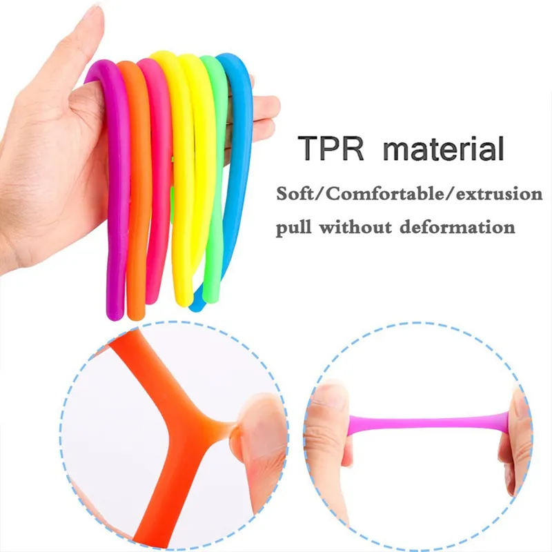 TPR Stress Relief Toy Stretch String String Fidget Funny Pull Borracha Borracha Sensory Brinquedos Noodles Anti Macio Cola Elástica Rope Neon Autism Presente de Noodle para Crianças