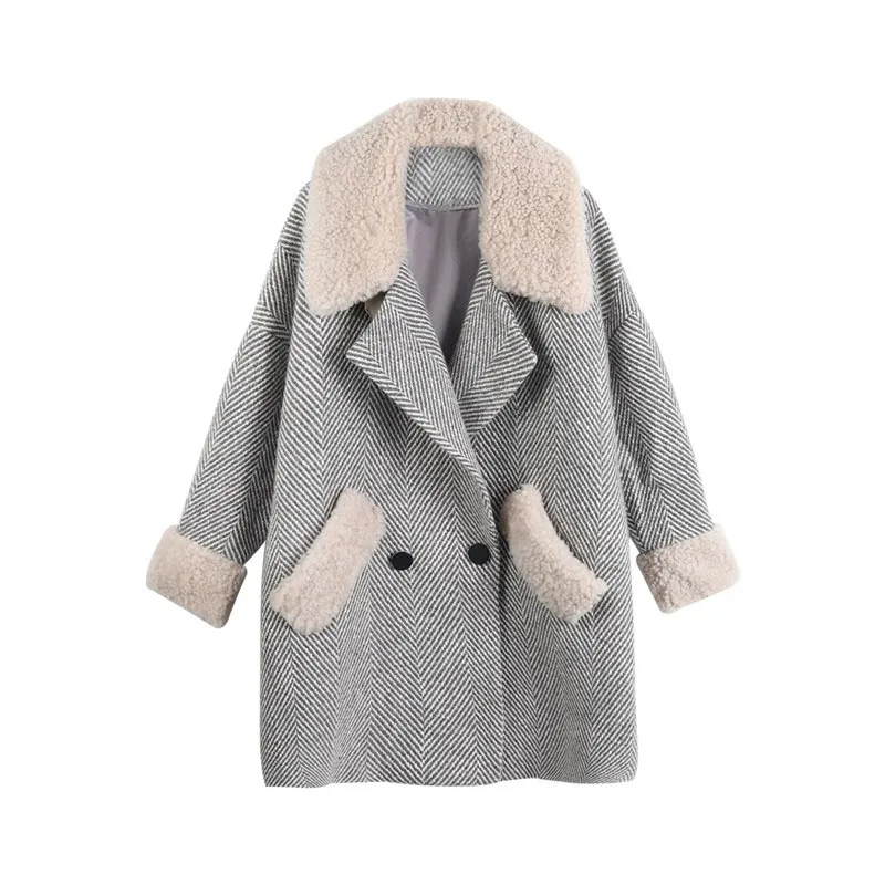 Kobiety Gray Faux Fur Coat Button Outwear Ciepłe Grube Wykręć Kołnierz Kieszonkowy Tweed Patchwork Double-Breasted C0362 210514