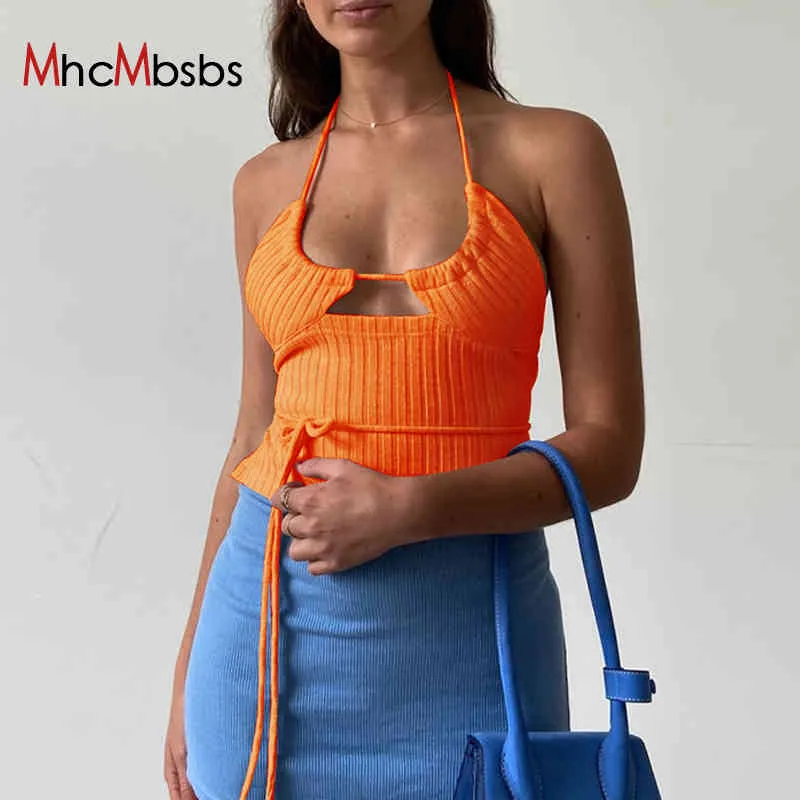 Sexy Ribbed Lace Up Bow Halter Ruched Crop Top Women Fashion Sleeveless Backless Tube Tops Female Streetwear Y2K Clothes 210517