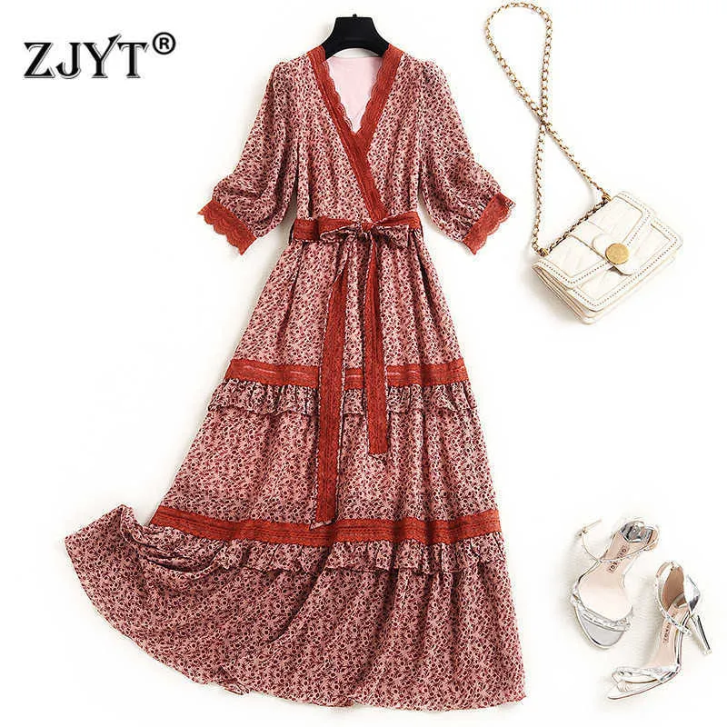 Elegant Designers Summer Vintage Printed Lace Patchwork Midi Chiffon Dress High Quality Festa Fashion Casual Holiday Vestidos 210601