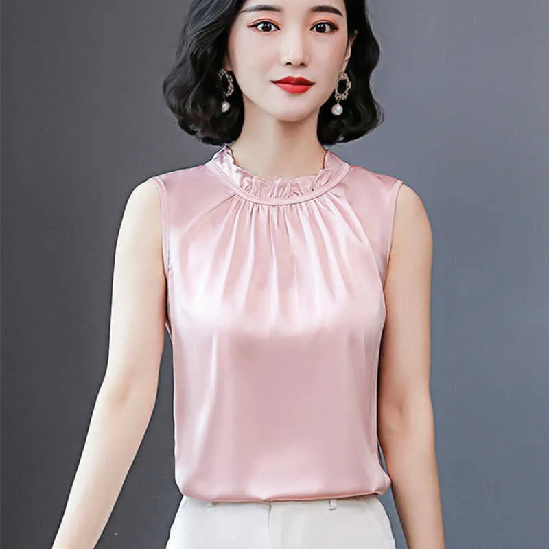 韓国のシルク女性のブラウス女性ノースリーブブラウストップソリッドサテンプラスサイズBlusas Mujer de Moda 3xL 210531