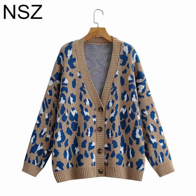 NSZ Dames Dierenprint Leopard Oversized Sweater Cardigan Herfst Wide Grote Size Knit Jasjas Jumper Knitwear Jersey 210928