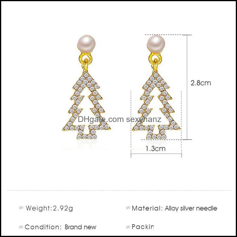Christmas Tree Diamond Stud Earrings Women Hollow Out Pine Pearl Ear Drop Female Anniversary Party Gift Gold Dangle Earring Jewelry Accessories