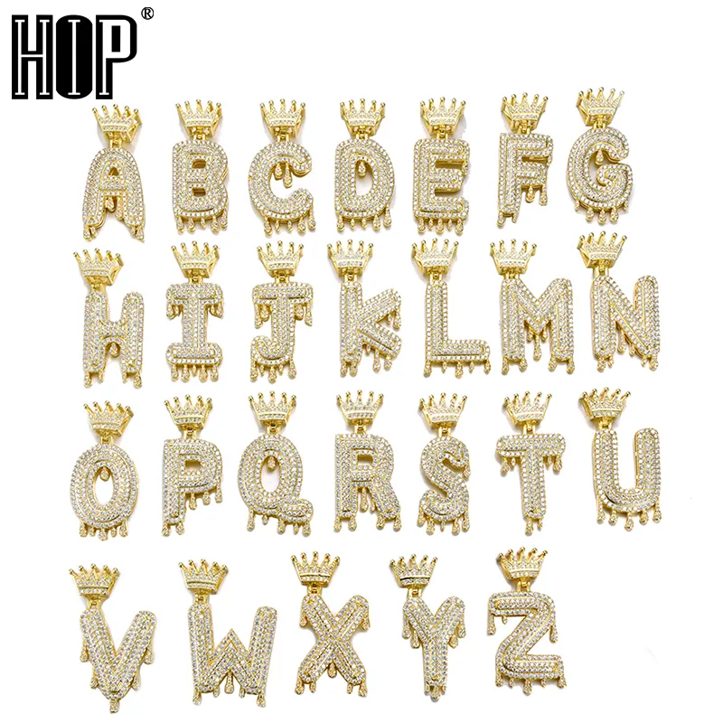 Kroon borgtocht druppelen initialen bubble letters necklacespendy iced out cubic zirkoon voor mannen vrouwen hiphop sieraden