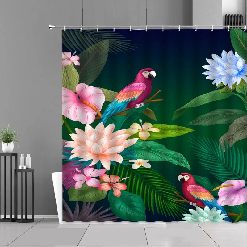 Tende da doccia Piante tropicali Fiore Uccello Tenda Foglia verde Paesaggio Bagno Impermeabile Home Bagno Decor Schermo in poliestere