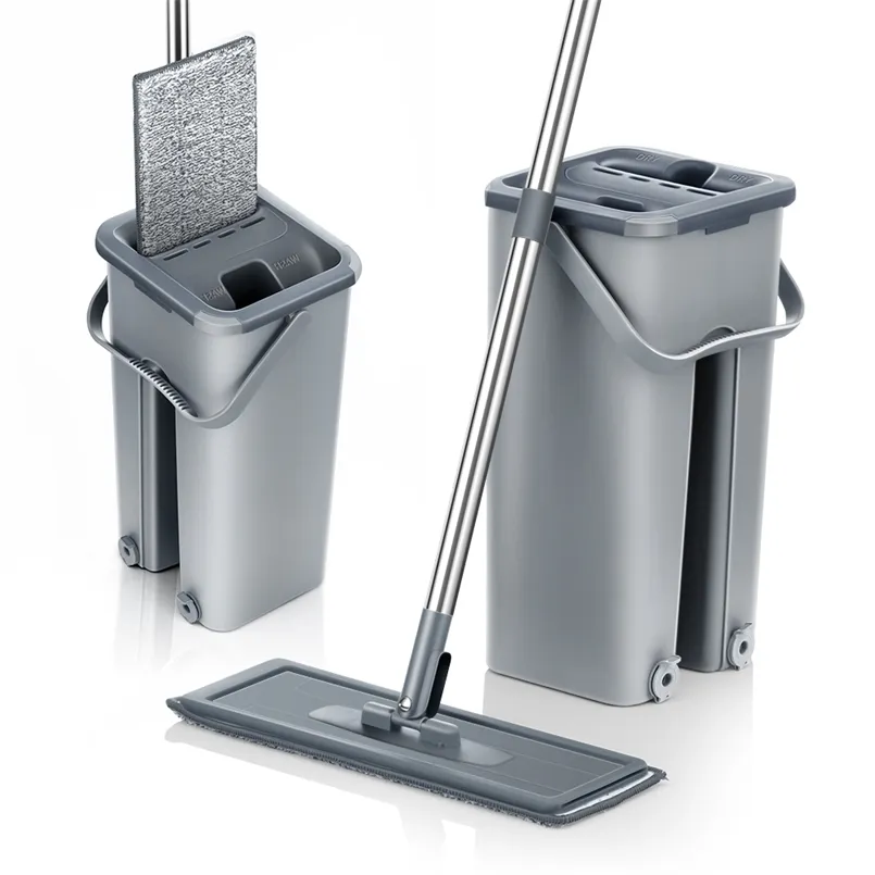 Golv Flat Mop Bucket Set Hand Free Squeeze Wet Dry Mop Rengöringssystem 360 Flexibel Magic Mop för lövträ Laminatplattor 211215