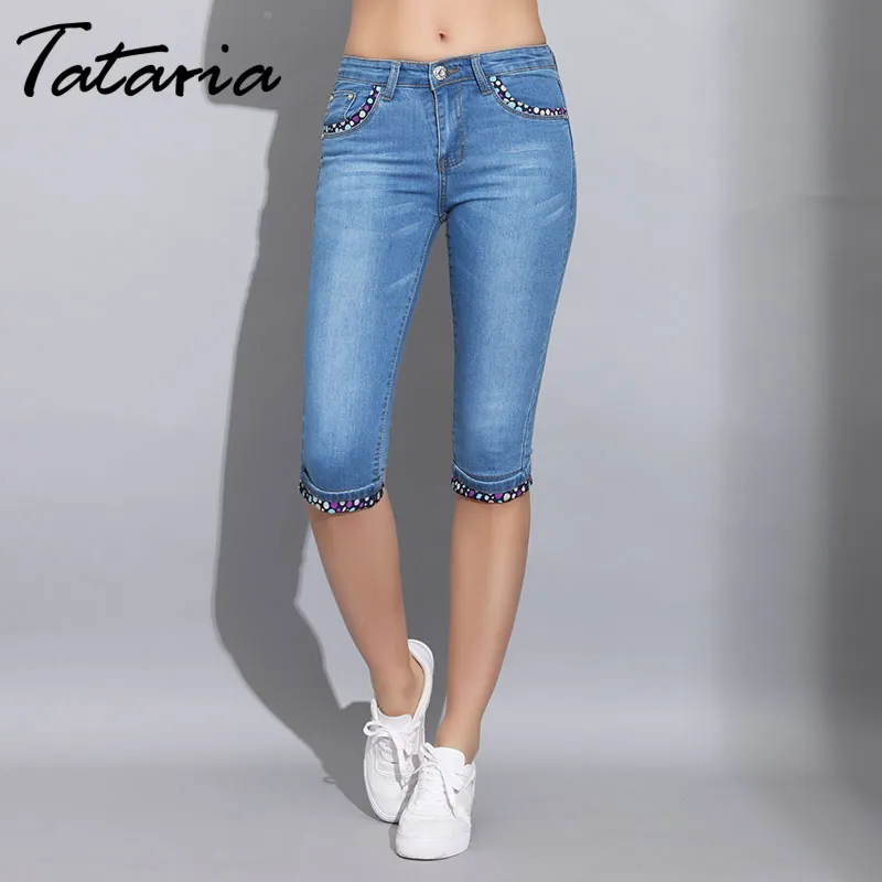 Tataria denim skinny capris byxor för kvinnor sträcker mode polka dot jeans elastisk knä längdens kvinnliga 210514