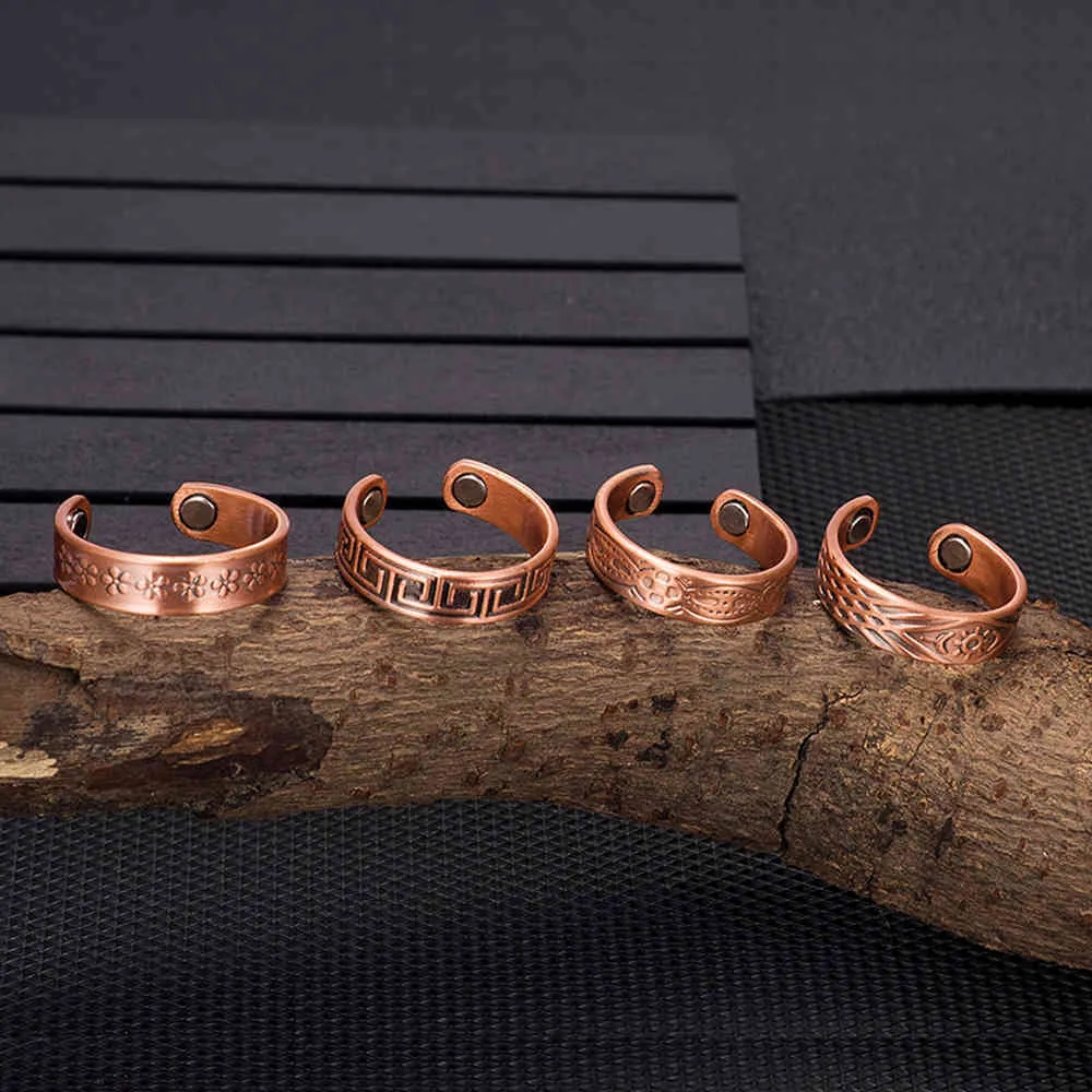 Magnetic Pure Copper s 6mm Vintage Open Manschuff Justerbar Magnet Bröllop Bands Energi Finger Ring för Kvinnor Män