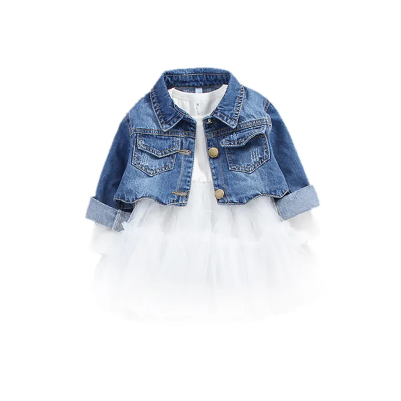 M3949 Kid Meisjes Denim Mesh Jurk Peuter Baby Lange Mouwen Jurken Casual Kids Party Kleding