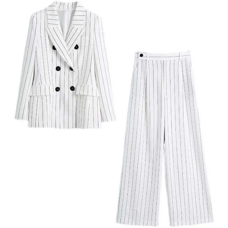 Profesjonalne spodnie damskie garnitur 2-częściowy wiosenna moda Dwurzędowa kurtka damska wysoka talia szerokie spodnie nóg 210527