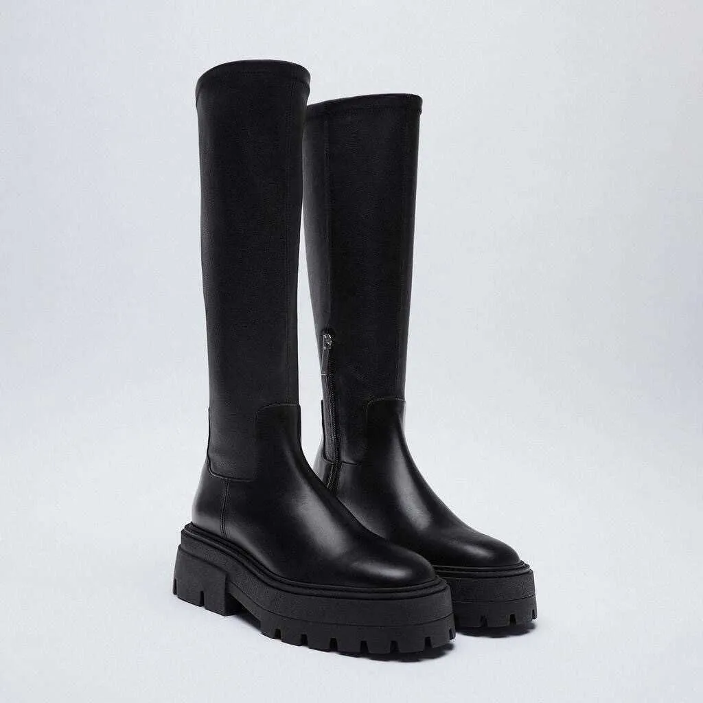 Women's Long Boots Black PU leather Grooving Sole Knee-high Fashion Boots 210911