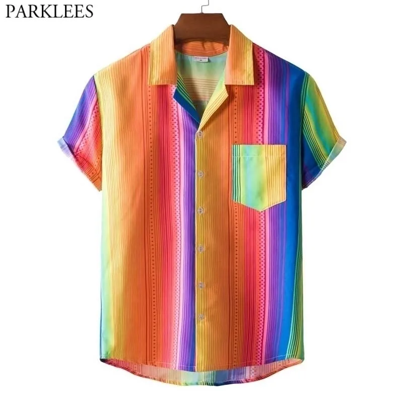 Rainbow Striped Hawaiian Beach Shirt Men Kort ärm Mens Casual Button Down Party Shirt Beach Wear Aloha Chemise 3XL 210522